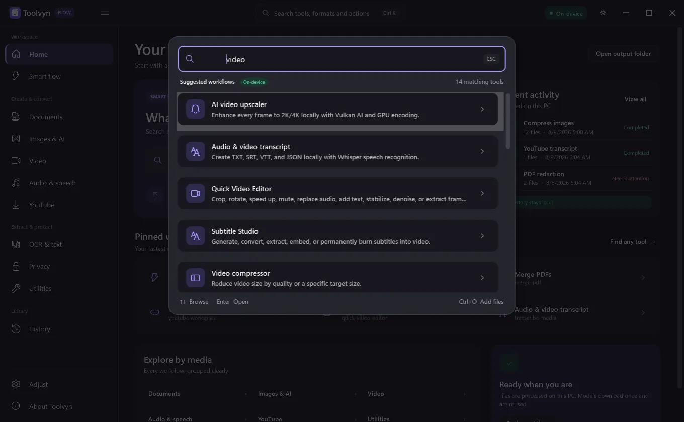 Toolvyn command palette listing matching video workflows