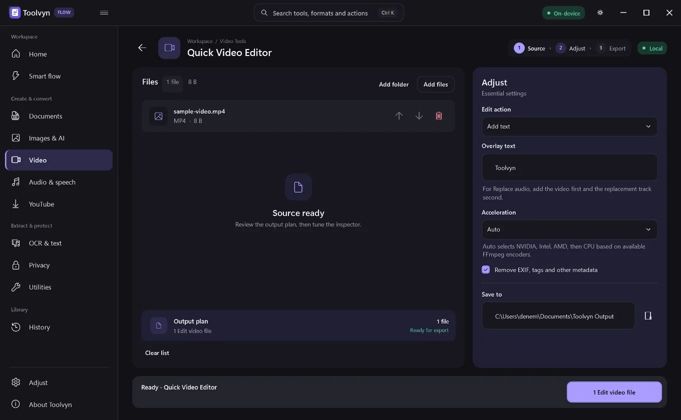 Quick Video Editor with the add-text operation selected