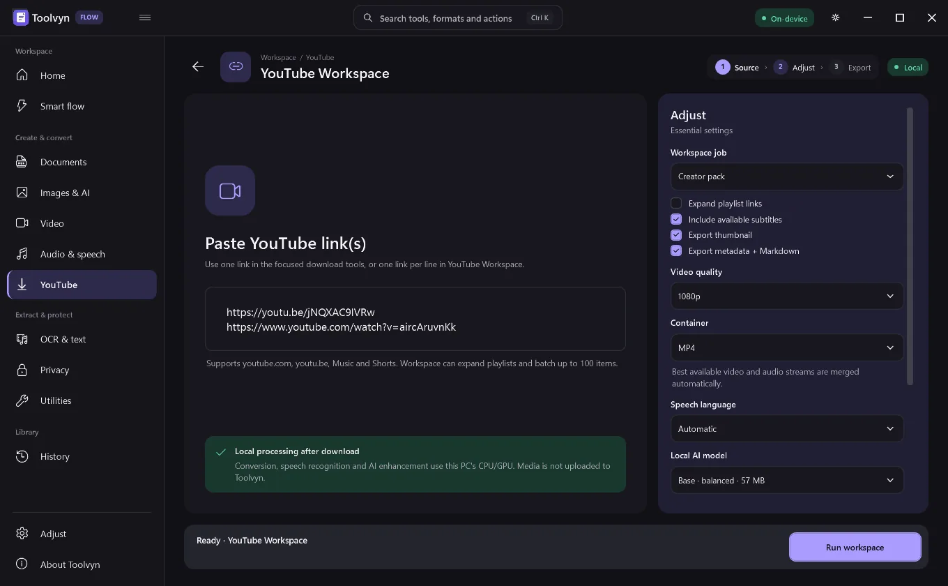 YouTube Workspace configured for a creator pack export